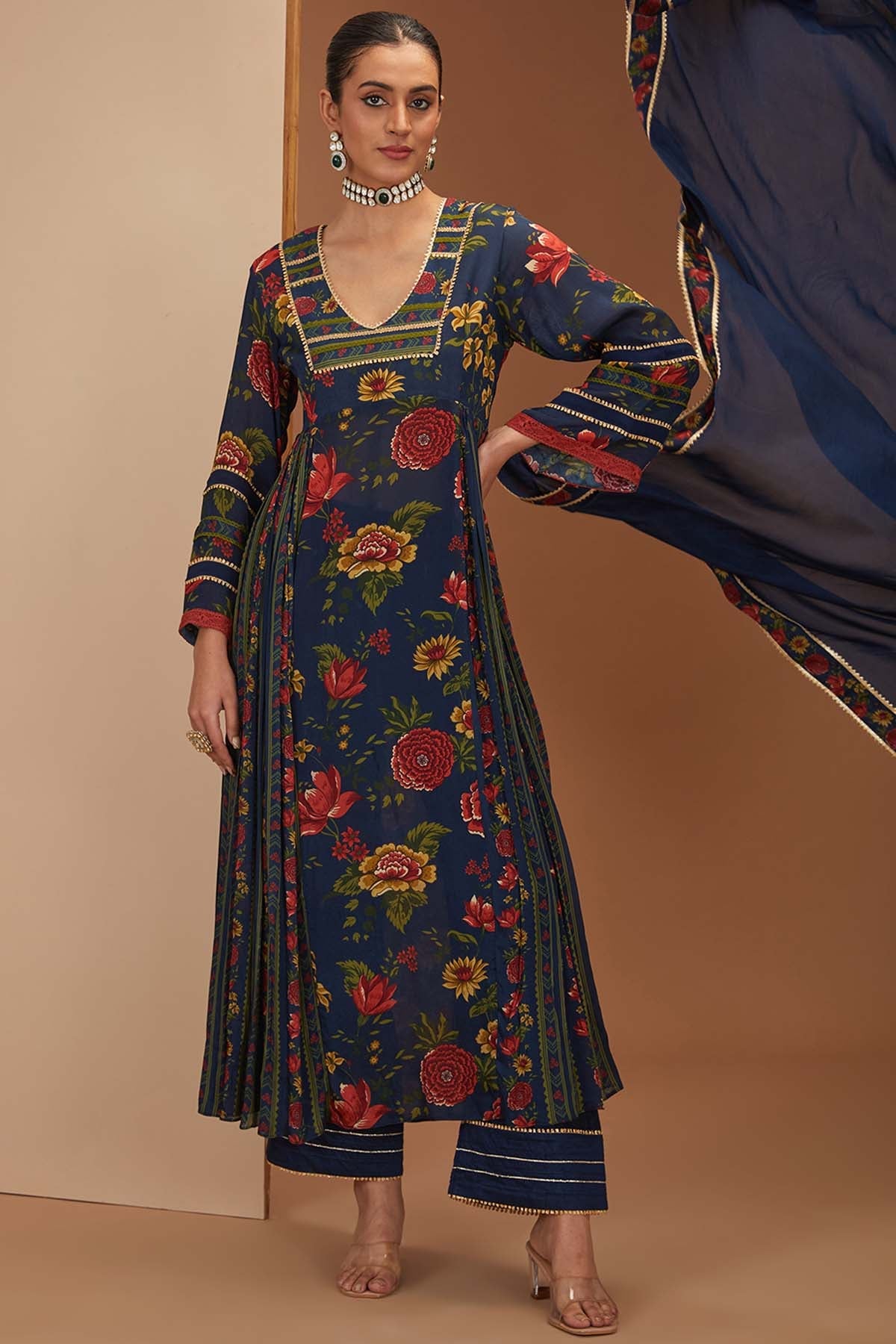 Designer Neha Khullar Blue Printed Gota Kurta Set for Women Online